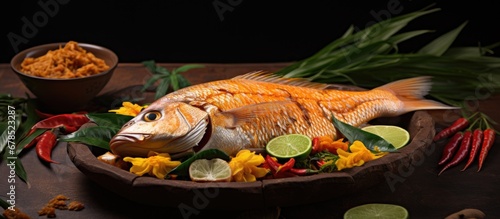 Traditional West Javanese cuisine with turmeric and candlenut spices along with chili served with Tilapia fish in Pesmol style photo