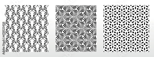 Geometric floral set of seamless patterns. White and black vector backgrounds. Damask graphic ornaments.