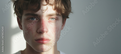 Close-up of young teenager with severe rosacea skin problems photo