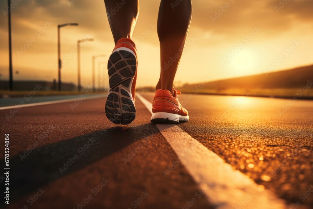 Close-up shot from behind of man's legs wearing sneakers backlit by rising sun. Athlete running along the morning city street. Everyday morning jog, healthy lifestyle in urban environment. Close-up shot from behind of man's legs wearing sneakers backlit by rising sun. Athlete running along the morning city street. Everyday morning jog, healthy lifestyle in urban environment.