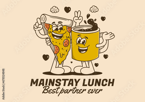 Mainstay lunch, best partner ever. Mascot character of a coffee mug and a slice pizza