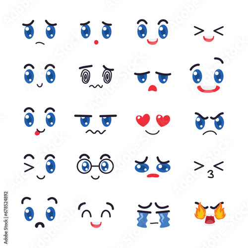 Set of Kawaii Cute Face with round eyes big, Emoticon Collection, Manga style eyes and mouths, Funny cartoon japanese emoticon in in different Expression anime character, vector illustration.