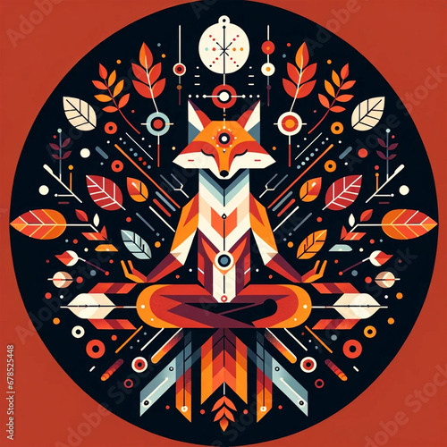 Graphic minimilistic circle illustration of a red fox meditating amongst autumn leaves photo