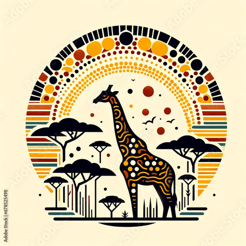 Graphic minimilistic circle illustration of a graceful giraffe among savannah trees, with a sunburst pattern photo