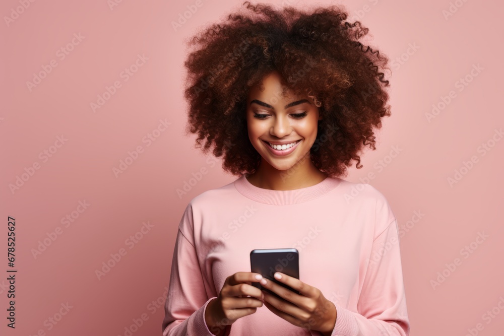 Studio portrait of beautiful African American woman with smartphone in pink clothes against pink background. Positive girl with Afro haircut texting message, enjoying online communication, using app. Studio portrait of beautiful African American woman with smartphone in pink clothes against pink background. Positive girl with Afro haircut texting message, enjoying online communication, using app.