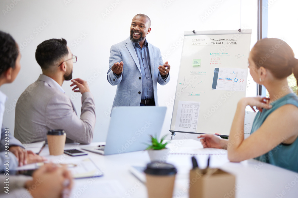 Business growth, training and black man with presentation in meeting for strategy for startup progress. Businessman, coach or teaching staff about planning, profit or economy analysis on whiteboard - obrazy, fototapety, plakaty 