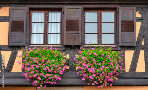 Windows with geraniums on  half-timbered house,Alsace, France © Philipimage