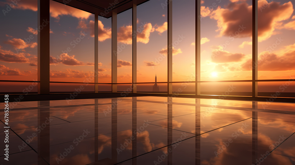Fototapeta premium Background floor and sky reflection, sunset, product commercial photography background, PPT background, 3D rendering, car display scene