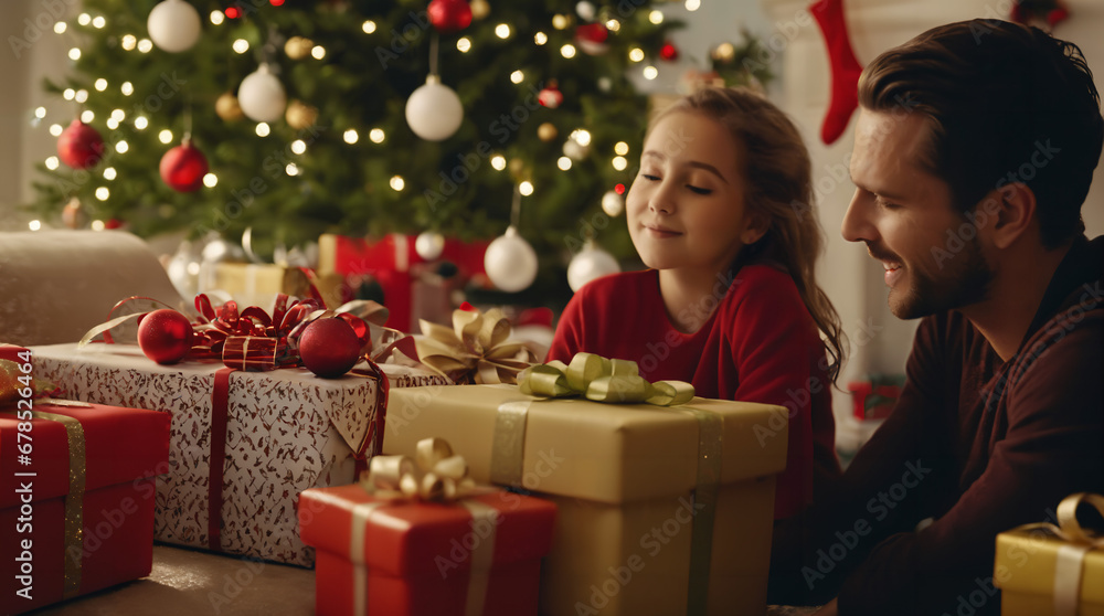 a man and a little girl opening presents under a christmas tree with a christmas tree in the background and a lit christmas tree,promotional image,a stock photo,les automatistes, a man and a little girl opening presents under a christmas tree with a christmas tree in the background and a lit christmas tree,promotional image,a stock photo,les automatistes,