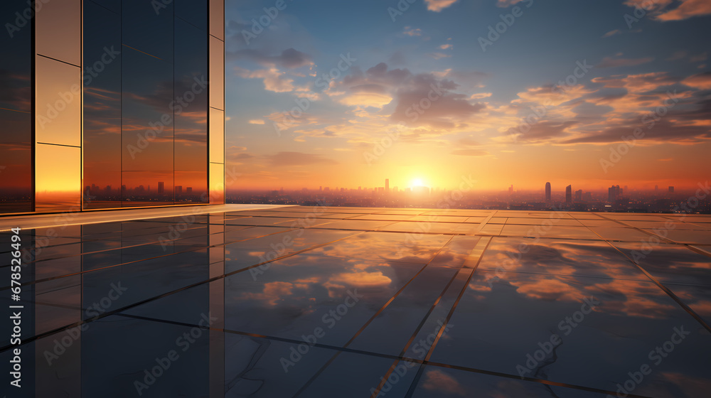 Background floor and sky reflection, sunset, product commercial photography background, PPT background, 3D rendering, car display scene
