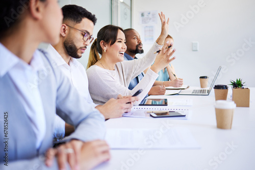 Seminar business people, happy woman and hand raised to answer, ask or question corporate deal, sales idea or office workshop. Group row, board of director and employee engagement on trade show plan photo