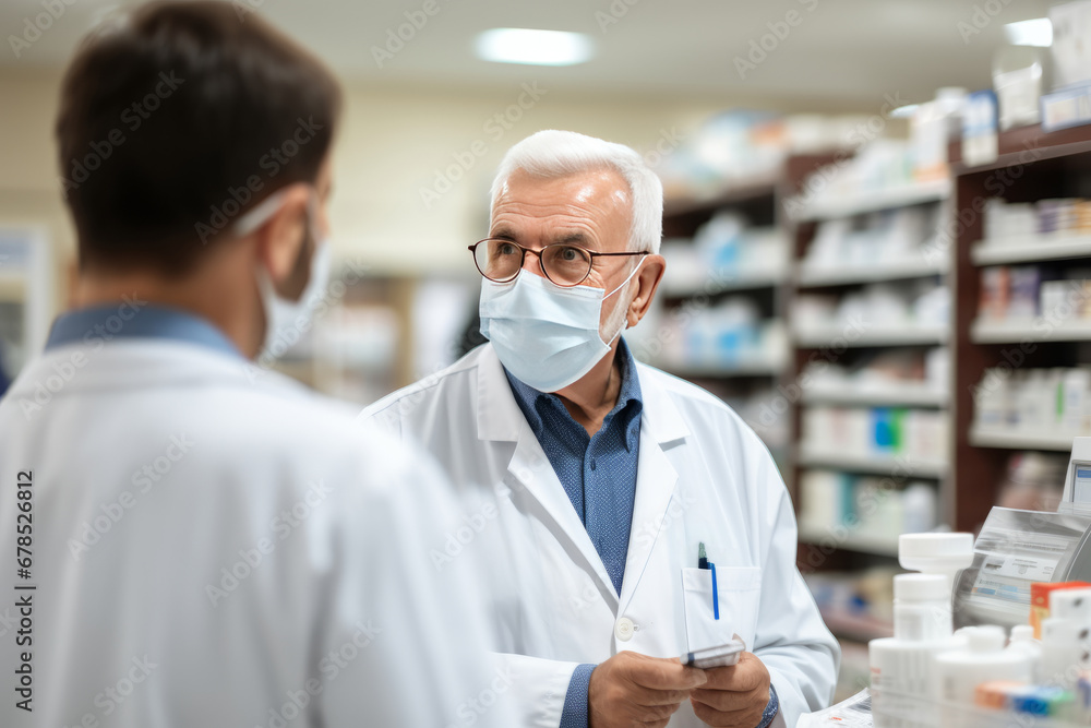 Portrait of mature African American male pharmacist wearing glasses talking to a colleague among shelves in pharmacy. Experienced confident professional in workplace. Healthcare and hygiene concept.
