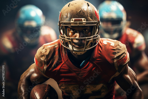 Close-up of professional American football player running with the ball across the stadium field. Determined, powerful, skilled African American athlete ready to win the game. Blurred background. © Georgii