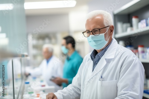 Portrait of mature Caucasian male pharmacist wearing glasses and protective mask among shelves of medicines in pharmacy. Experienced confident professional in workplace. Healthcare and hygiene concept
