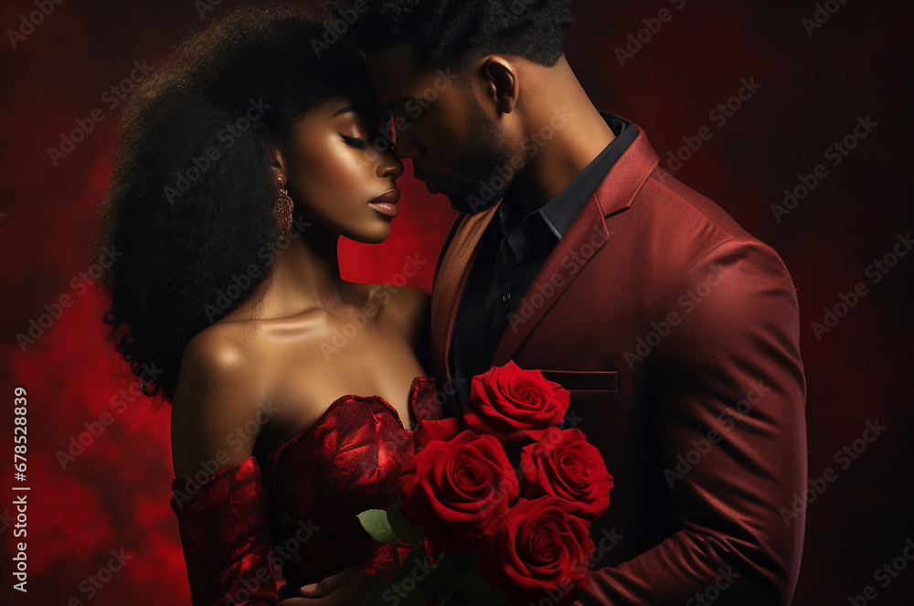 Black couple with a bouquet of roses for Valentine is Day - obrazy, fototapety, plakaty 