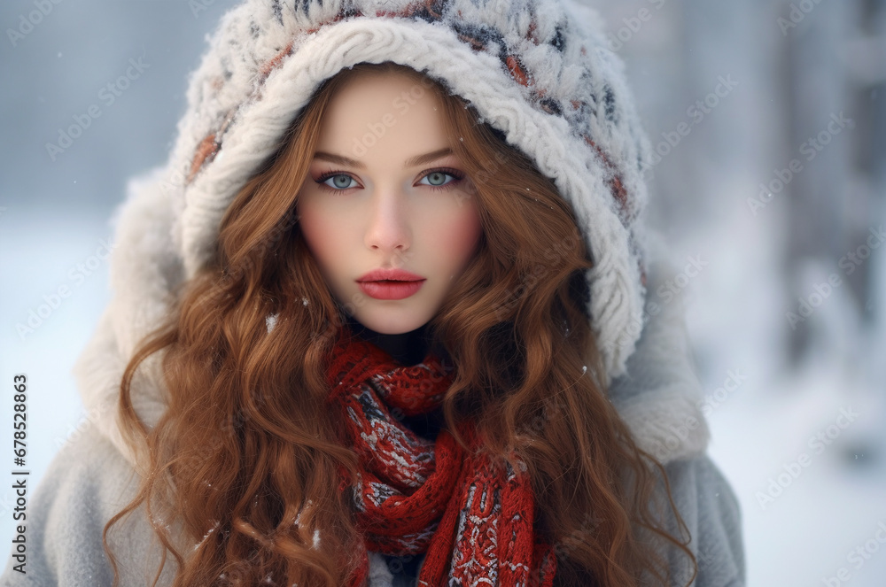 .Beautiful red-haired woman of Slavic appearance in a fur coat in winter .Beautiful red-haired woman of Slavic appearance in a fur coat in winter