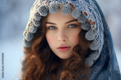 Beautiful red-haired woman of Slavic appearance in winter in a fur coat, beautiful eyes