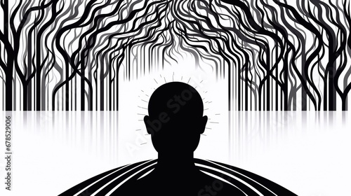 Escape or finding a way or destiny or solving life problems psychologic concept with human silhouette man trapped in a labyrinth. Not finding the exit depression in mental health. Banner, posters photo