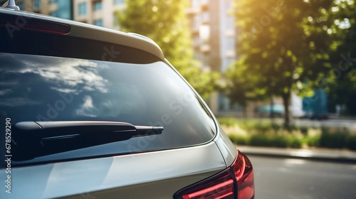 Closeup rear glass window of a car parked on street on summer sunny day, rearview. Mockup empty copy space for stickers or decals