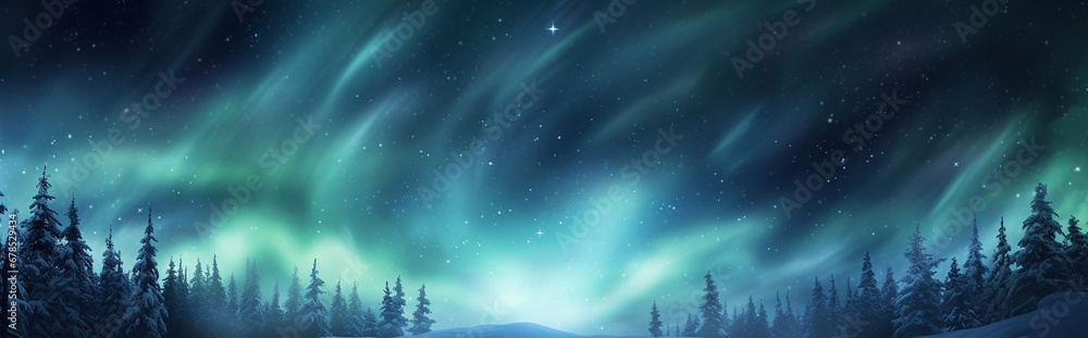 Empty copy space winter banner with northern lights winter scene with close up snowflakes, snow, blizzard. Abstract magic light, rays, snow on dark background. Winter night