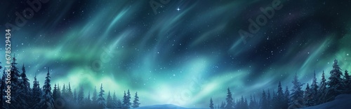 Empty copy space winter banner with northern lights winter scene with close up snowflakes, snow, blizzard. Abstract magic light, rays, snow on dark background. Winter night