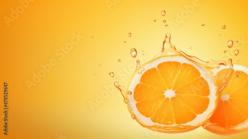 Vitamin C abstract design for banner with empty copy space and orange color background. Оrange juice or essential oil advertising poster mockup. Medical, food, cosmetic and scientific concepts. 