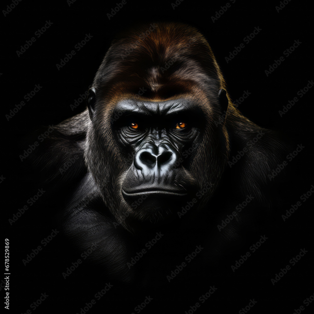 Obraz premium A powerful gorilla against a black canvas, with minimal retouching, emanates a sense of strength and grace, capturing a clean and stylish essence.