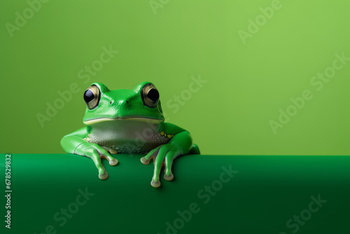 A vibrant frog on a green canvas, with minimal retouching, showcases sleek lines and stylish simplicity, creating an engaging visual experience.