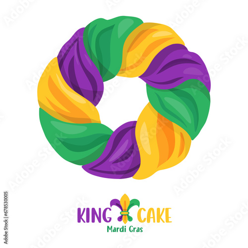 Traditional king's cake covered with colorful glaze. View from above. Celebrate festive and delicious during Mardi Gras carnival