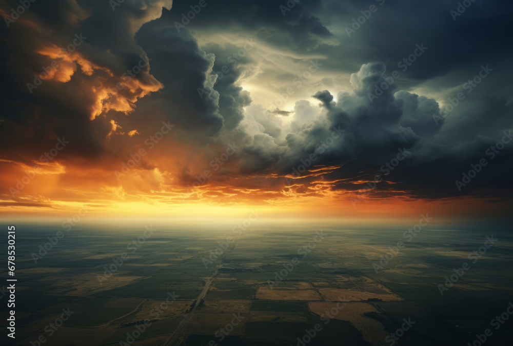 A sunset over a vast landscape, with dark clouds and orange light, creating a dramatic and picturesque scene.
