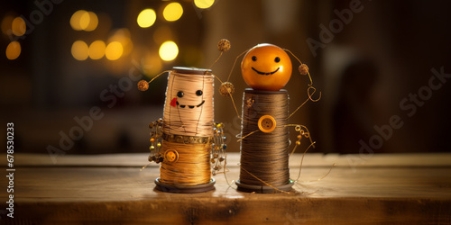 Two spools of thread and old needles on a wooden surface, featuring light orange and brown tones, quirky characters and objects, made of cardboard. photo