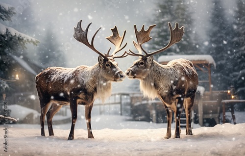 Two reindeer with antlers in the snowy winter forest. © Obsidian