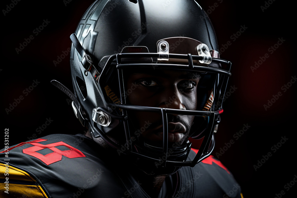 Studio portrait of professional American football player in black uniform. Determined, powerful, skilled African American athlete wearing helmet with protective mask. Isolated in black background.
