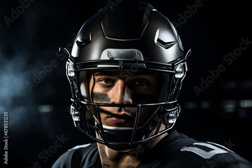Close-up portrait of professional American football player in black jersey. Determined, powerful, skilled Caucasian athlete wearing helmet with protective mask. Black background. © Georgii