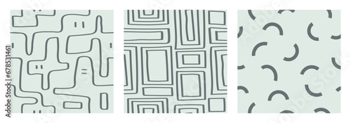 Set of 3 hand draw seamless pattern with abstract elegant line brush stroke and shapes in pastel colors. 