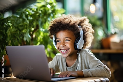 Smiling African American boy sitting at desk with laptop and headphones in cozy room. Smart black kid studying online lesson, participating in web meeting with tutor. Home schooling concept.