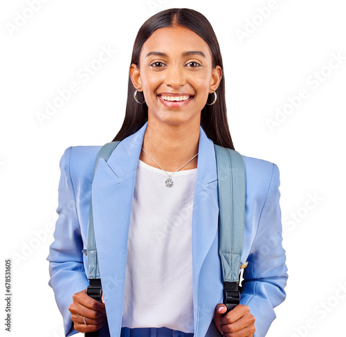 Happy, woman student and backpack in portrait for scholarship, future education and university career Bag, face and indian girl with excited for college and isolated on transparent png background photo