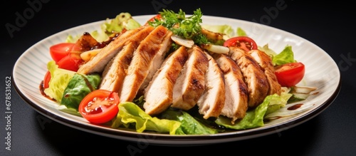 Organic Caesar Salad with grilled chicken on white plate