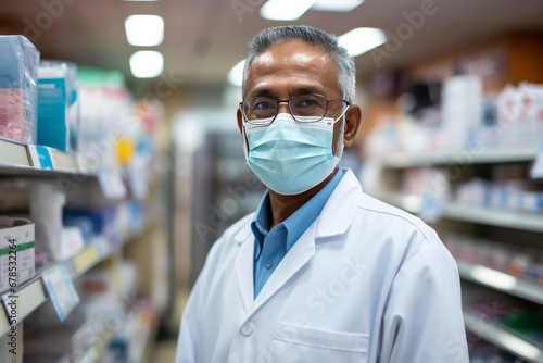 Portrait of mature African American male pharmacist wearing glasses and protective mask among shelves in pharmacy. Experienced confident professional in workplace. Healthcare and hygiene concept.