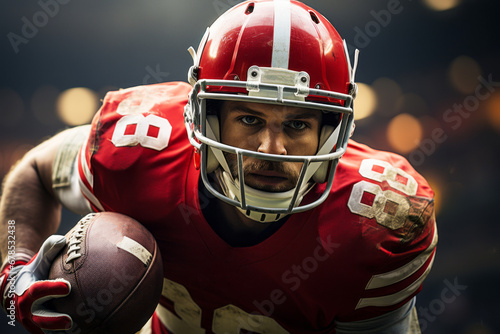 Close-up of professional American football player running with the ball across the stadium field. Determined, powerful, skilled Caucasian athlete ready to win the game. Blurred background.