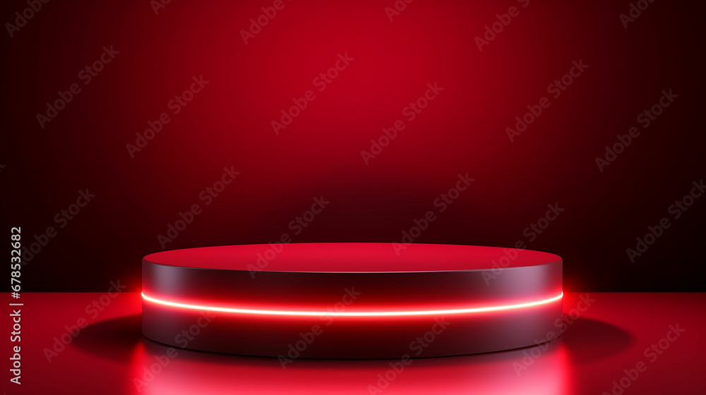 Abstract realistic 3D red cylinder pedestal or podium with illuminate horizontal neon lamp. Dark red minimal scene for product display presentation. geometric platform design. Made with generative ai Abstract realistic 3D red cylinder pedestal or podium with illuminate horizontal neon lamp. Dark red minimal scene for product display presentation. geometric platform design. Made with generative ai