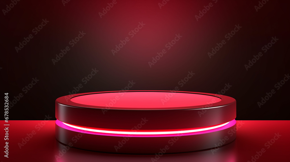 Abstract realistic 3D red cylinder pedestal or podium with illuminate horizontal neon lamp. Dark red minimal scene for product display presentation. geometric platform design. Made with generative ai Abstract realistic 3D red cylinder pedestal or podium with illuminate horizontal neon lamp. Dark red minimal scene for product display presentation. geometric platform design. Made with generative ai