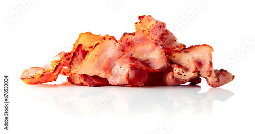 Fried bacon slices isolated on white.