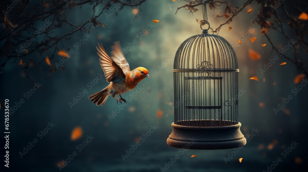 a bird released from a cage  - obrazy, fototapety, plakaty 
