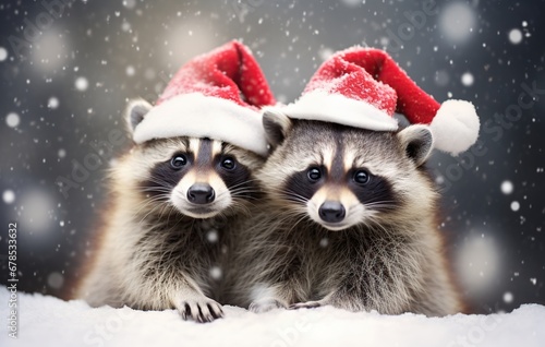 Two raccoons in Santa Claus hats on snow background. Christmas card. © Obsidian