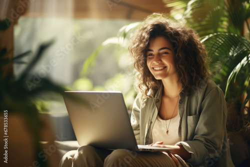 Smiling pretty Caucasian girl sitting on a sofa with laptop in cozy room. Female student studies online, watches webinar or learning course, participates in conference call. Online education concept. photo