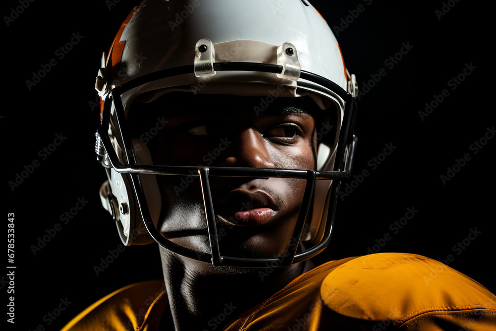 Studio portrait of professional American football player in yellow jersey. Determined, powerful, skilled African American athlete wearing helmet with protective mask. Isolated in black background. Studio portrait of professional American football player in yellow jersey. Determined, powerful, skilled African American athlete wearing helmet with protective mask. Isolated in black background.