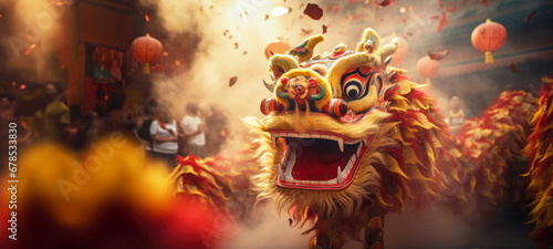 Lion dance and confetti during, Chinese dragon character for the dragon dance at the Chinese New Year festival, Lunar New Year celebrationr concept