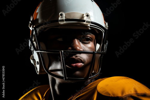 Studio portrait of professional American football player in yellow jersey. Determined, powerful, skilled African American athlete wearing helmet with protective mask. Isolated in black background. © Georgii