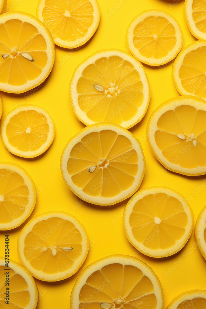 Sliced lemons on yellow background